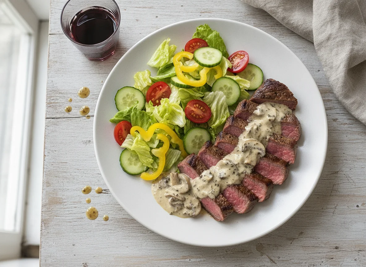 Steak with fresh vegetable salad photo