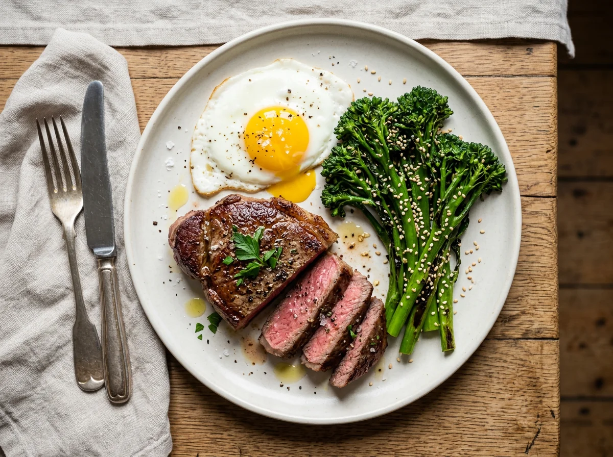 Steak with Fried Egg and Broccolini photo