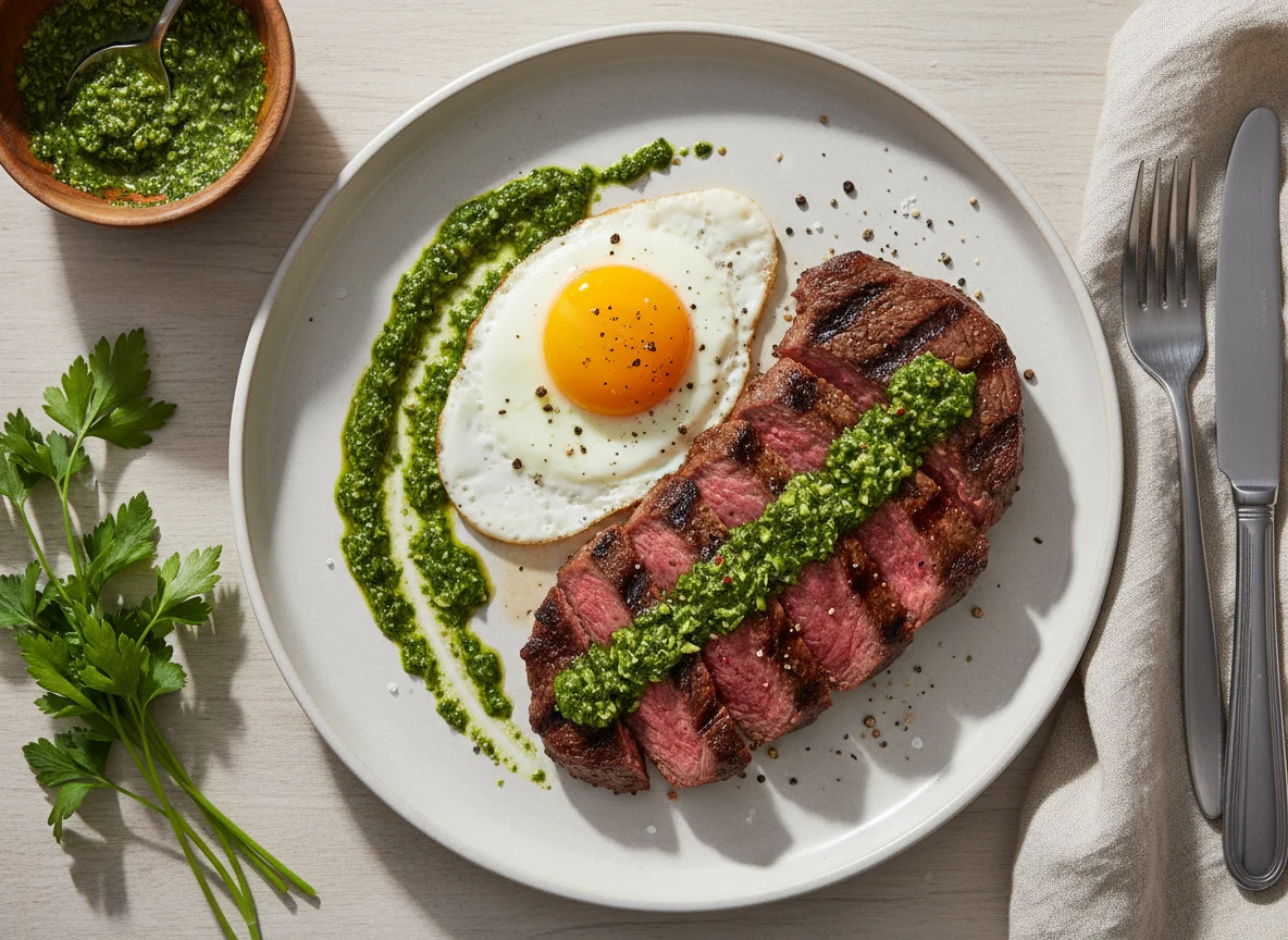 Steak with Fried Egg and Herb Sauce photo