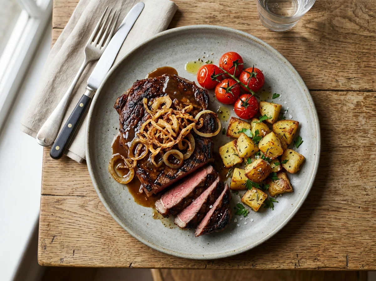 Steak with Fried Onions and Potatoes photo