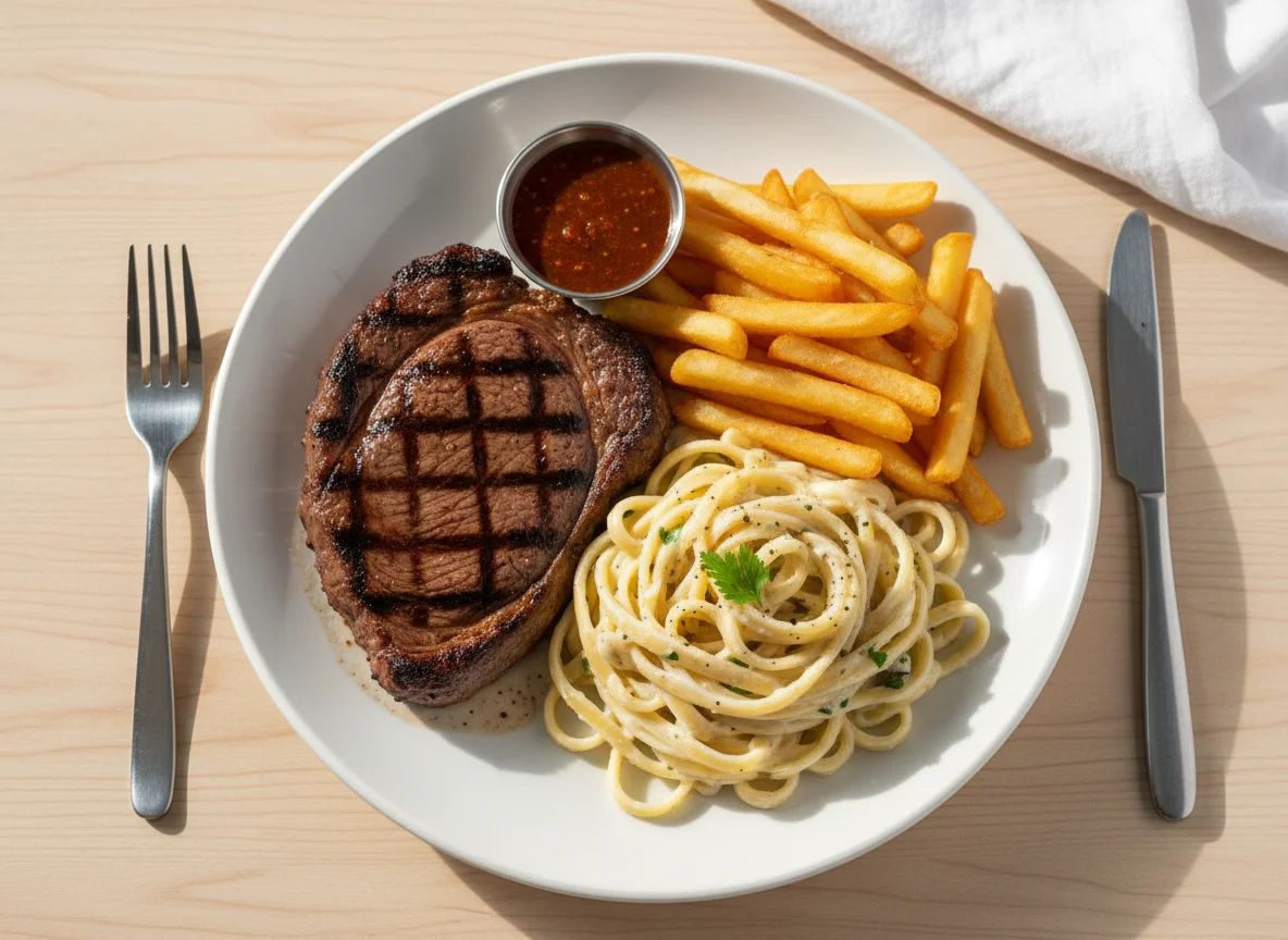 Steak with Fries and Creamy Pasta photo
