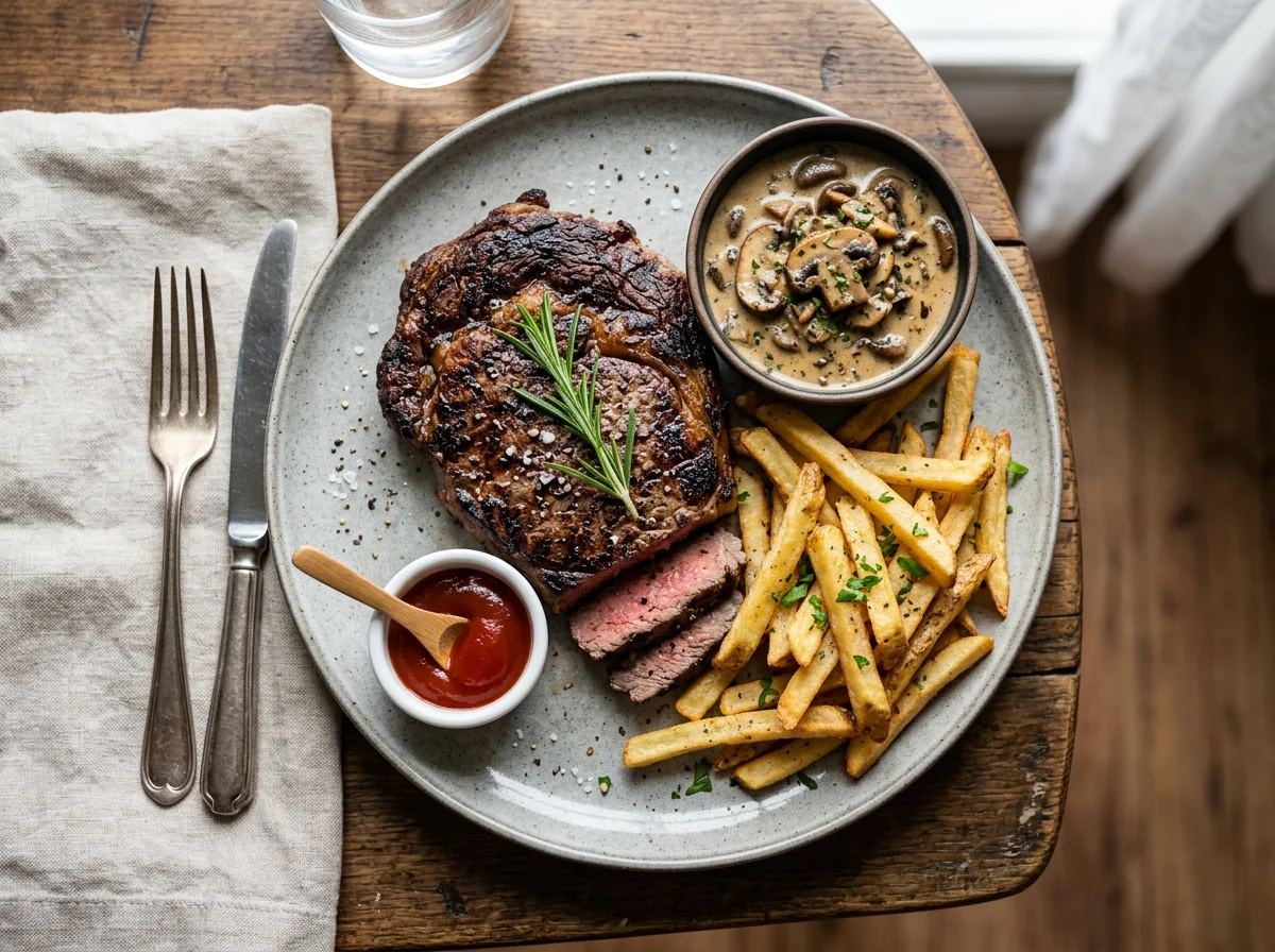 Steak with Fries and Mushroom Sauce photo