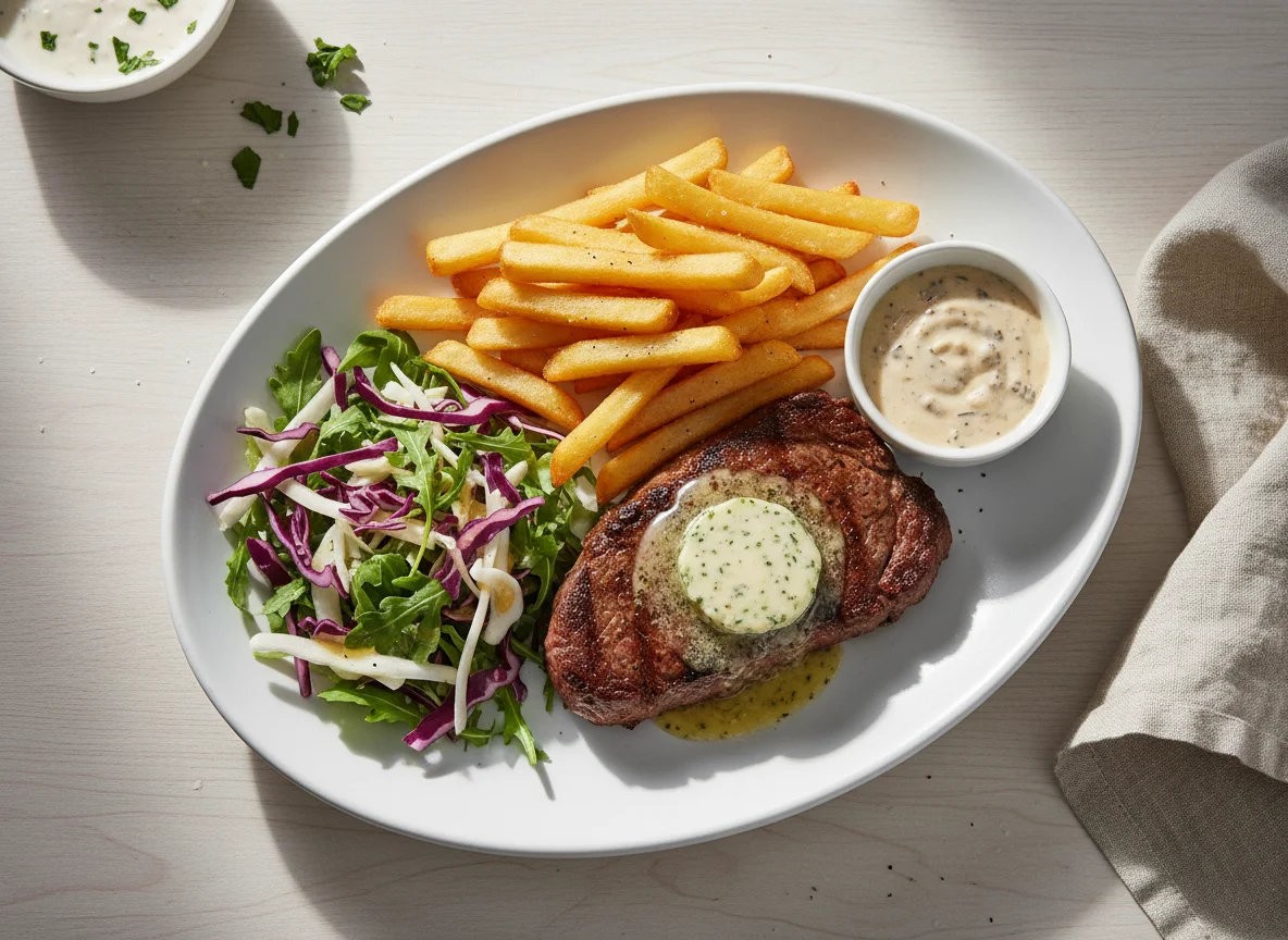 Steak with Fries and Salad photo