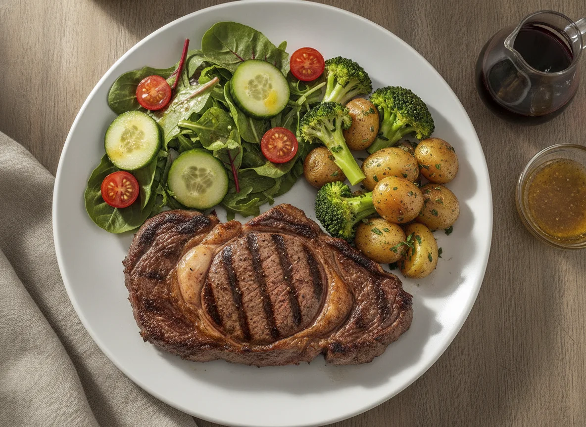 Steak with Garden Salad and Steamed Vegetables photo