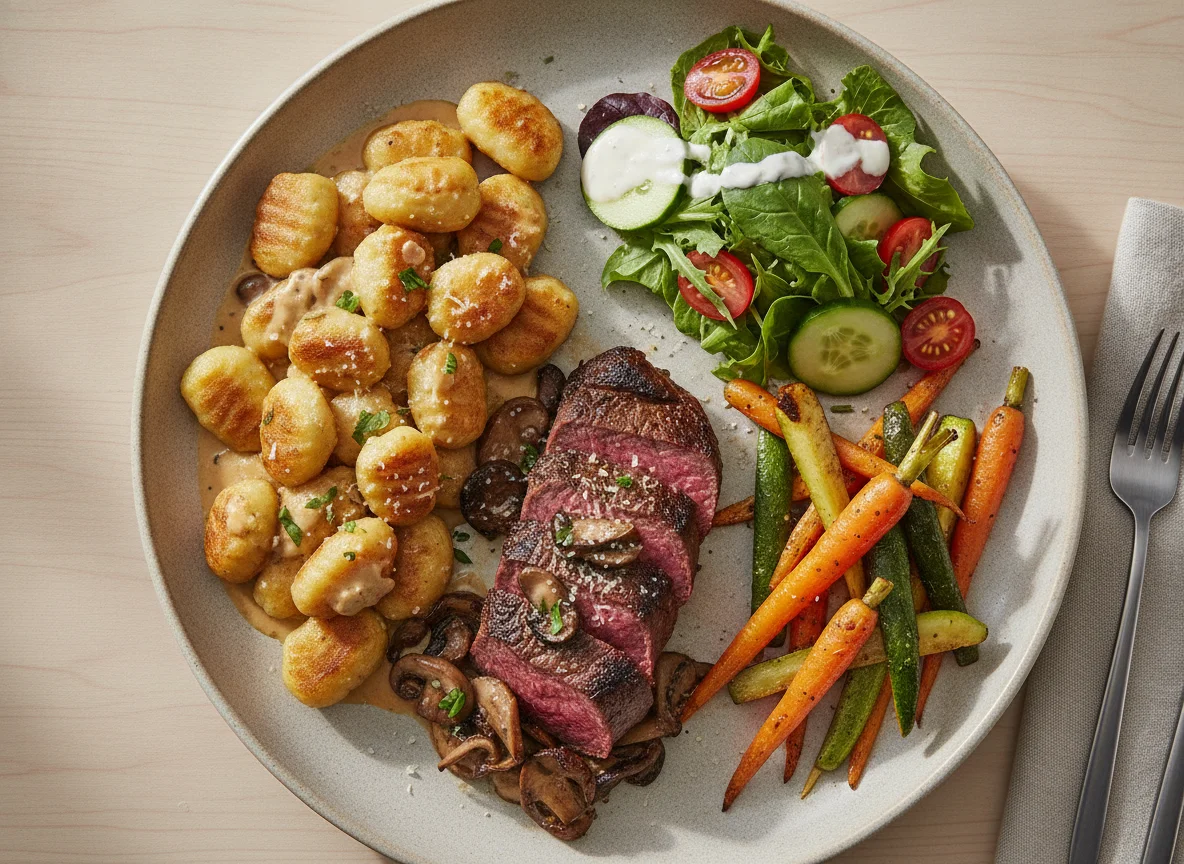 Steak with Gnocchi, Roasted Carrots, and Side Salad photo