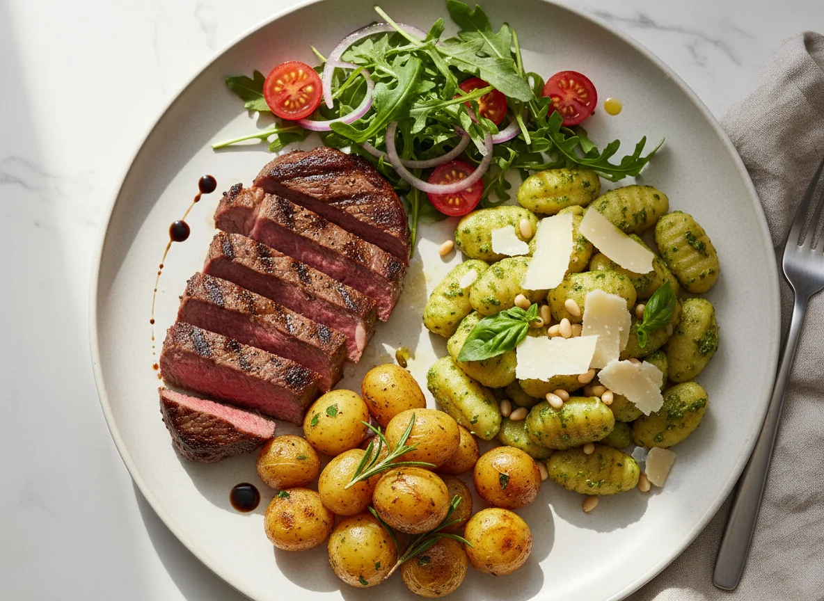 Steak with Gnocchi, Roasted Potatoes and Arugula Salad photo