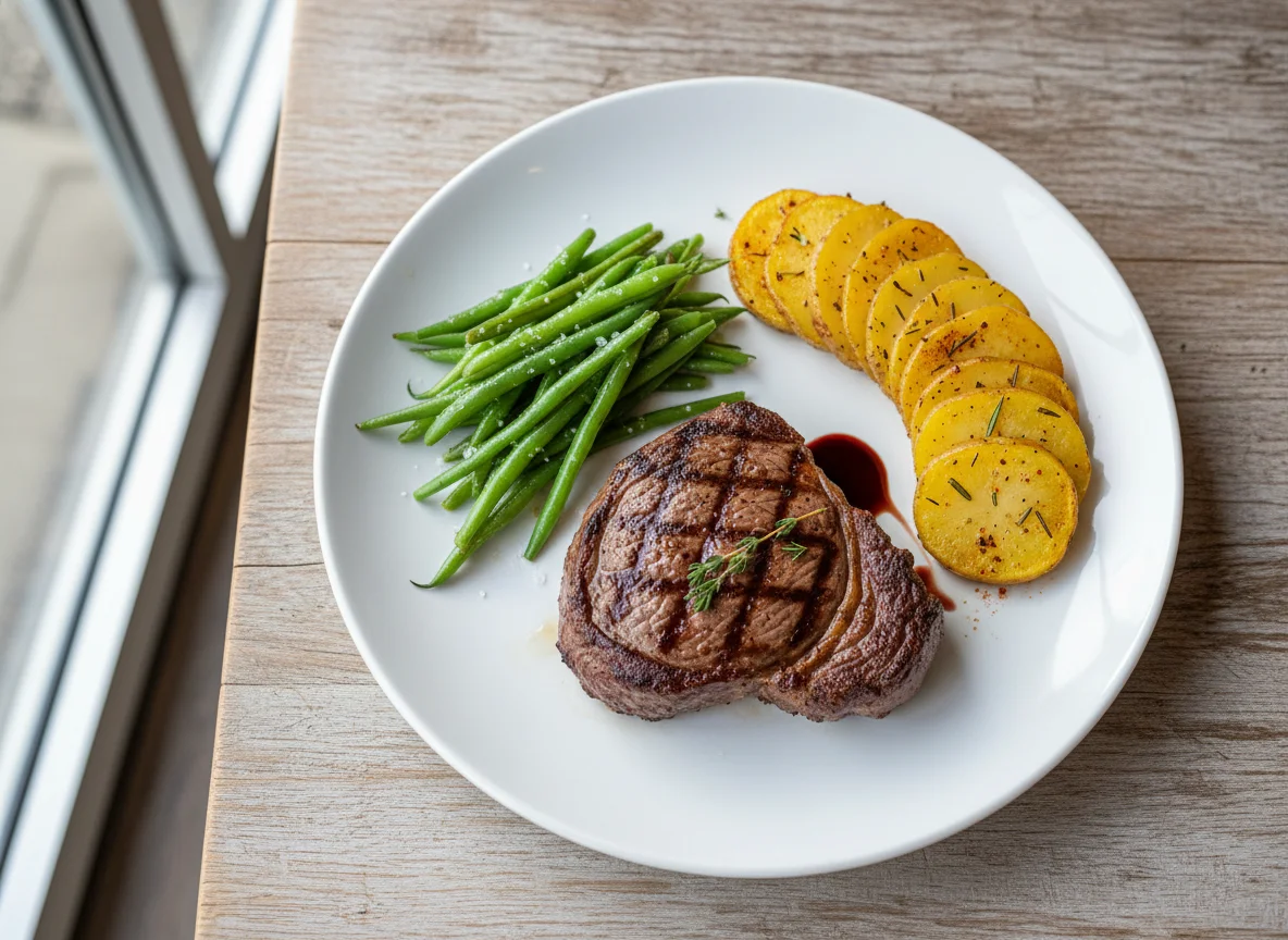 Steak with Green Beans and Sliced Potatoes photo