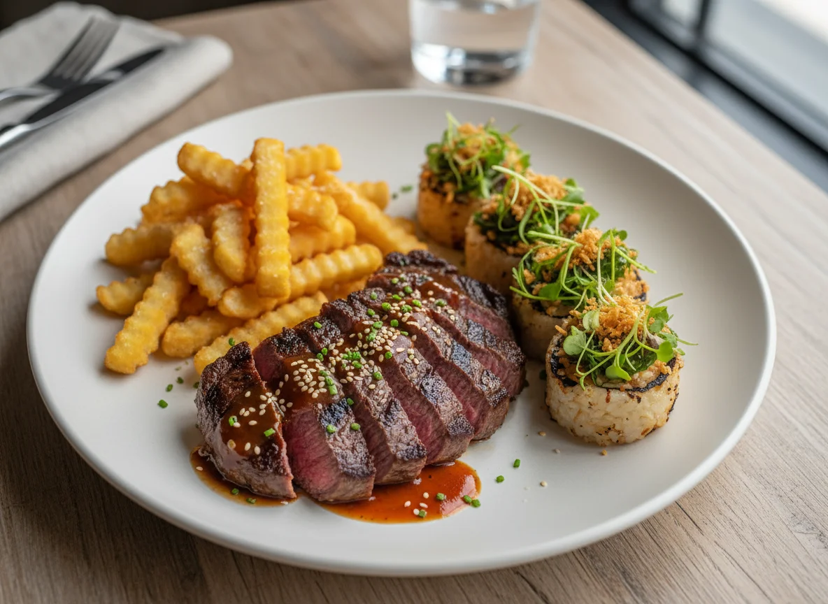 Steak with Grilled Sushi and French Fries photo