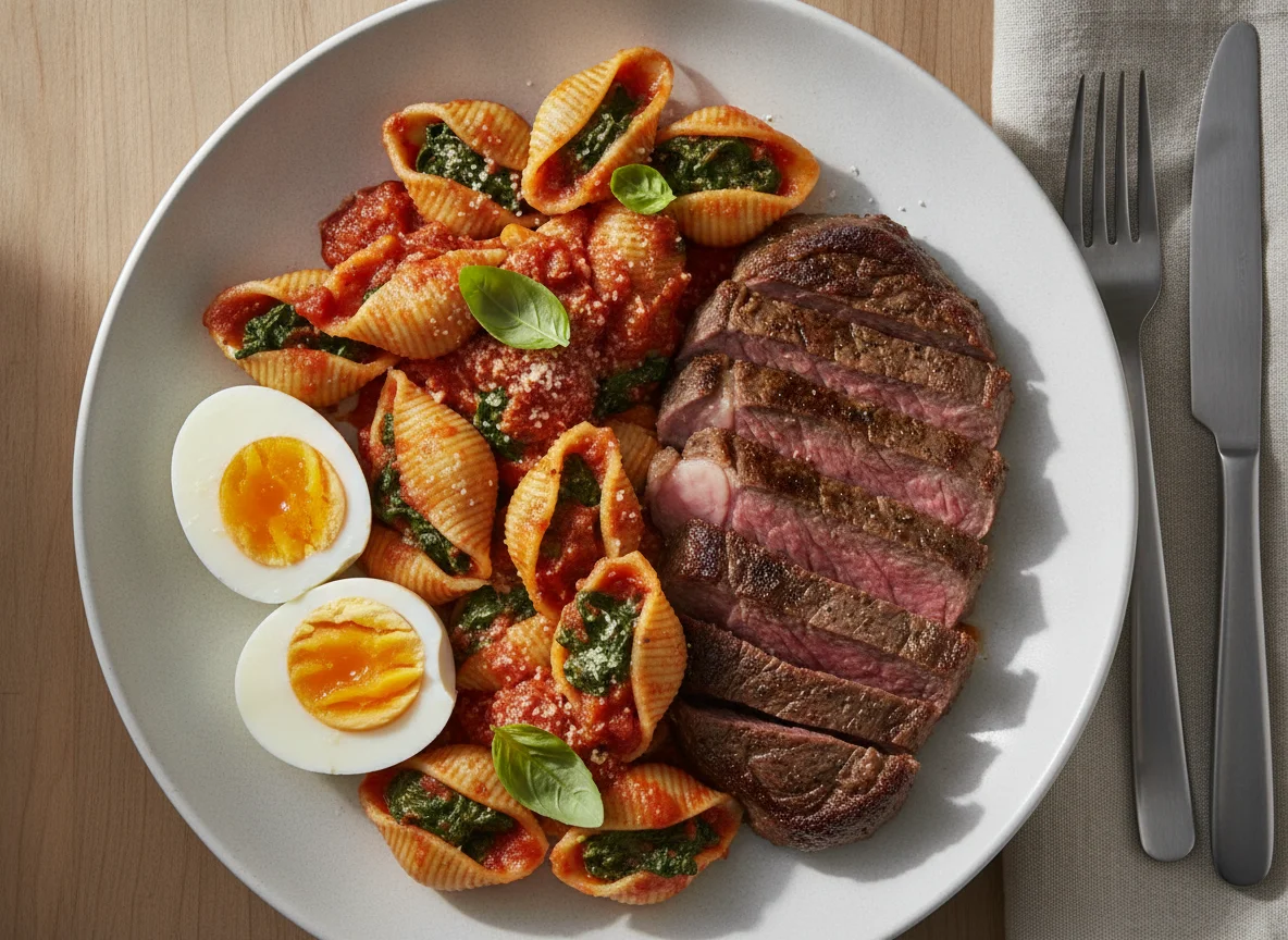 Steak with Hard Boiled Eggs and Stuffed Pasta photo