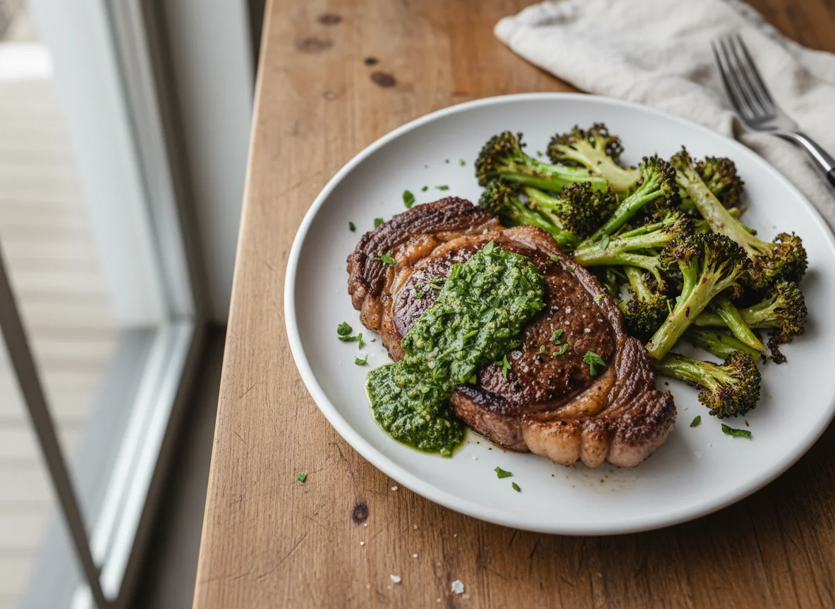 Steak with Herb Sauce and Broccoli photo