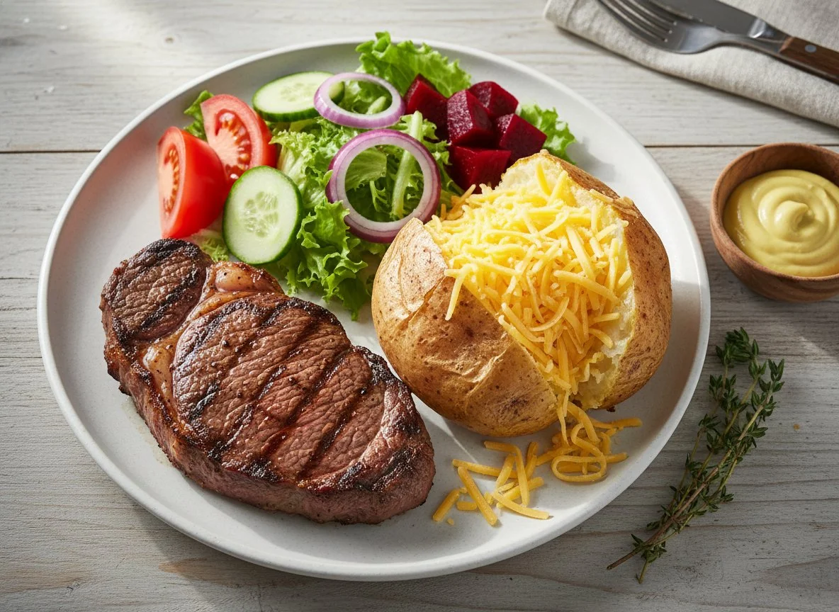 Steak with Jacket Potato and Salad photo