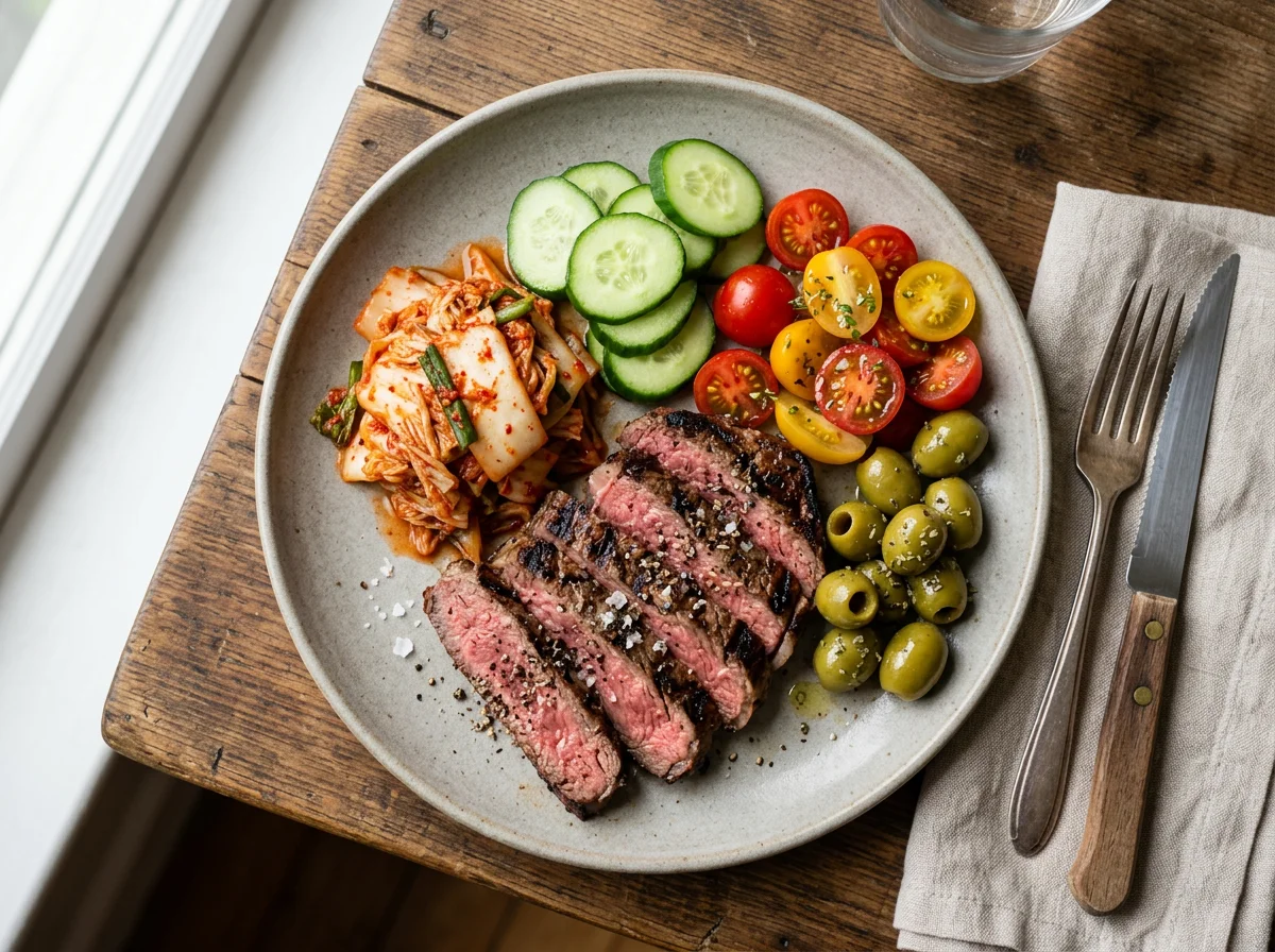 Steak with Kimchi, Olives, Cucumber and Tomatoes photo