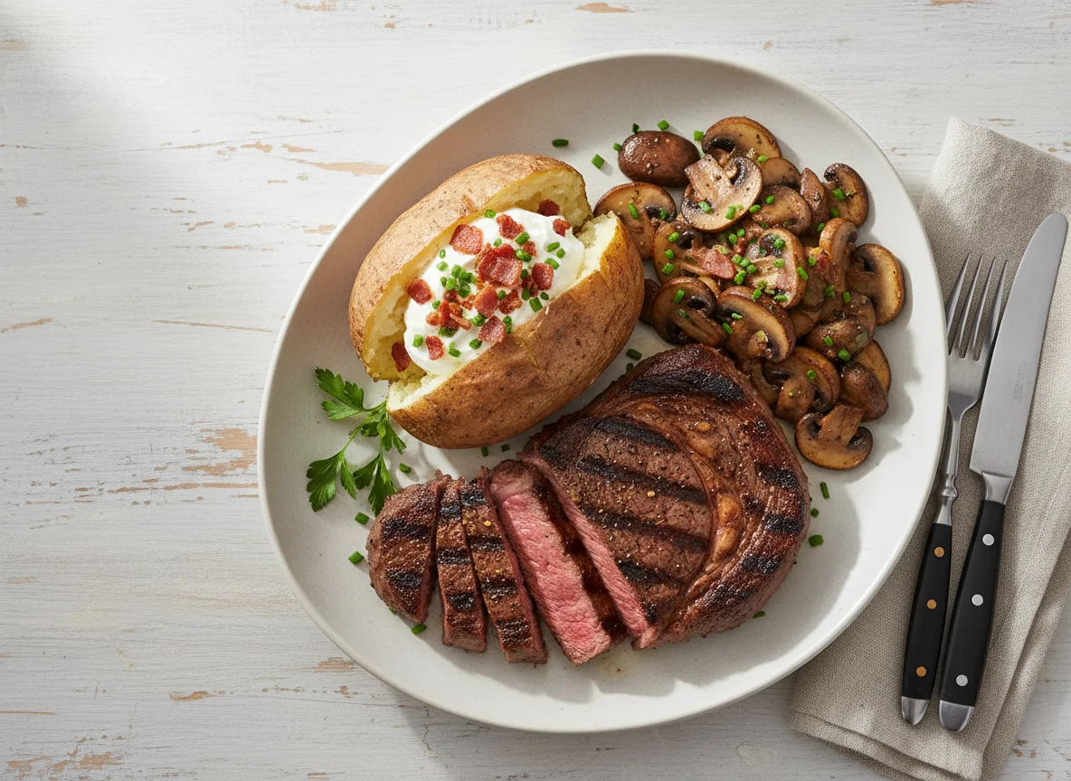 Steak with Loaded Baked Potato and Mushrooms photo