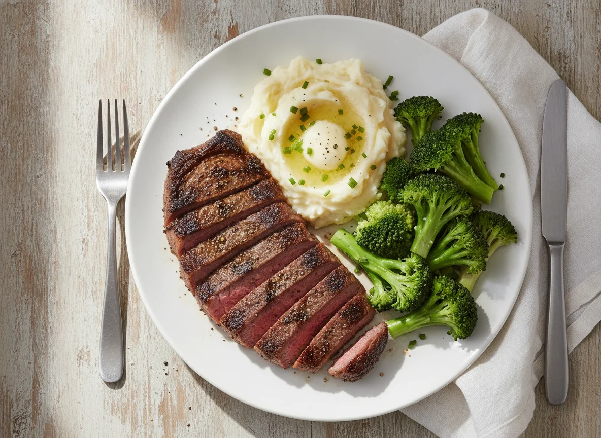 Steak with Mashed Potatoes and Broccoli photo