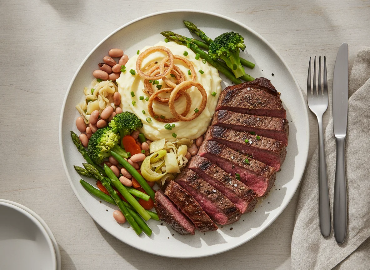 Steak with Mashed Potatoes and Mixed Vegetables photo