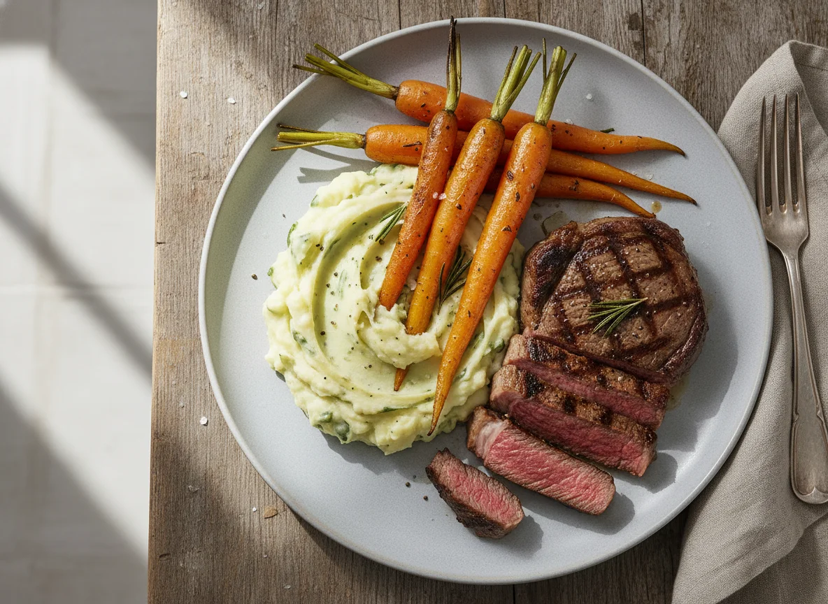 Steak with Mashed Potatoes and Roasted Carrots photo