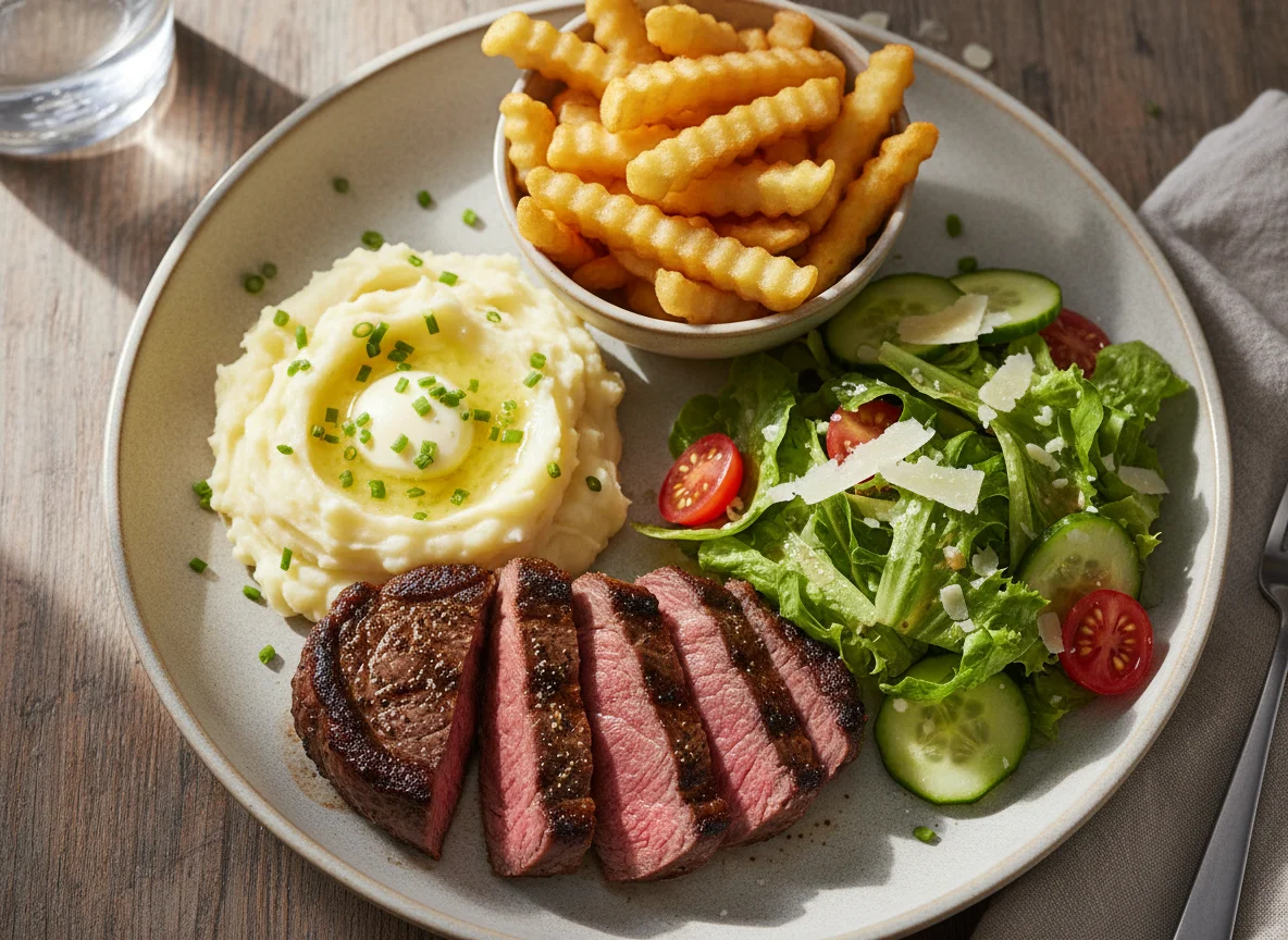 Steak with Mashed Potatoes and Side Salad photo