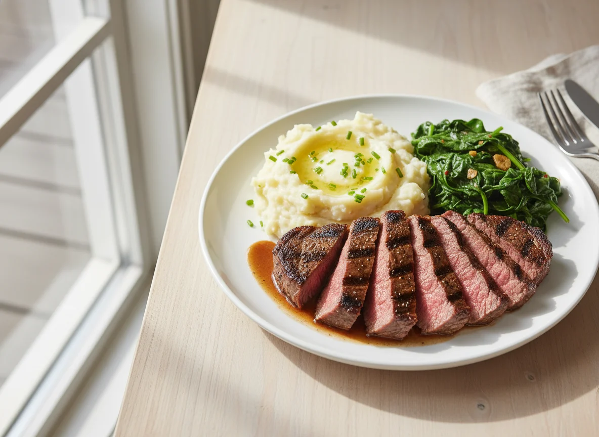 Steak with Mashed Potatoes and Spinach photo