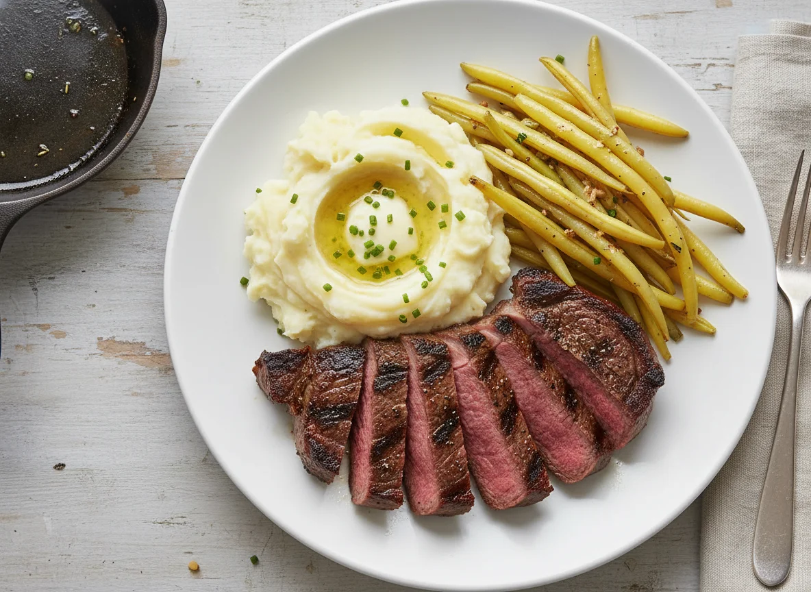 Steak with Mashed Potatoes and Yellow Beans photo