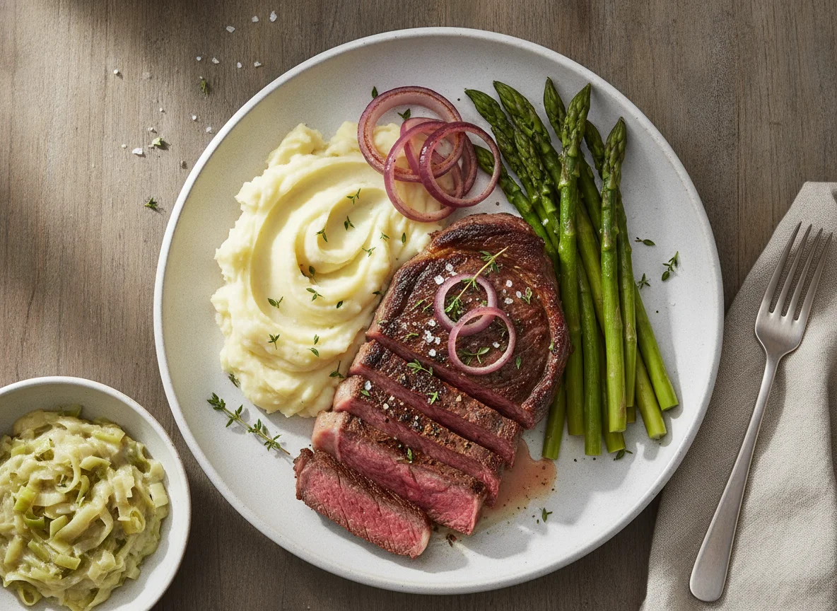 Steak with mashed potatoes, creamed leeks, and asparagus photo