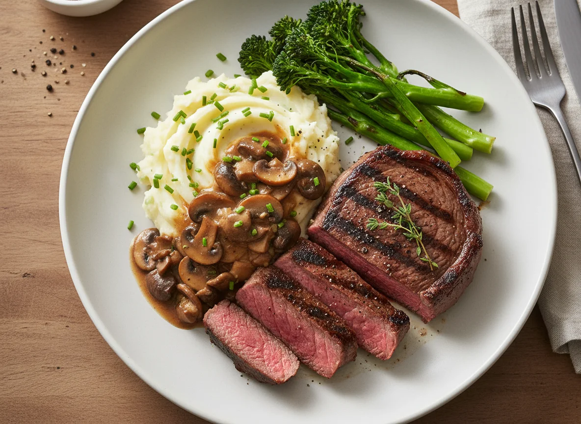 Steak with Mashed Potatoes, Tenderstem Broccoli and Mushroom Sauce photo