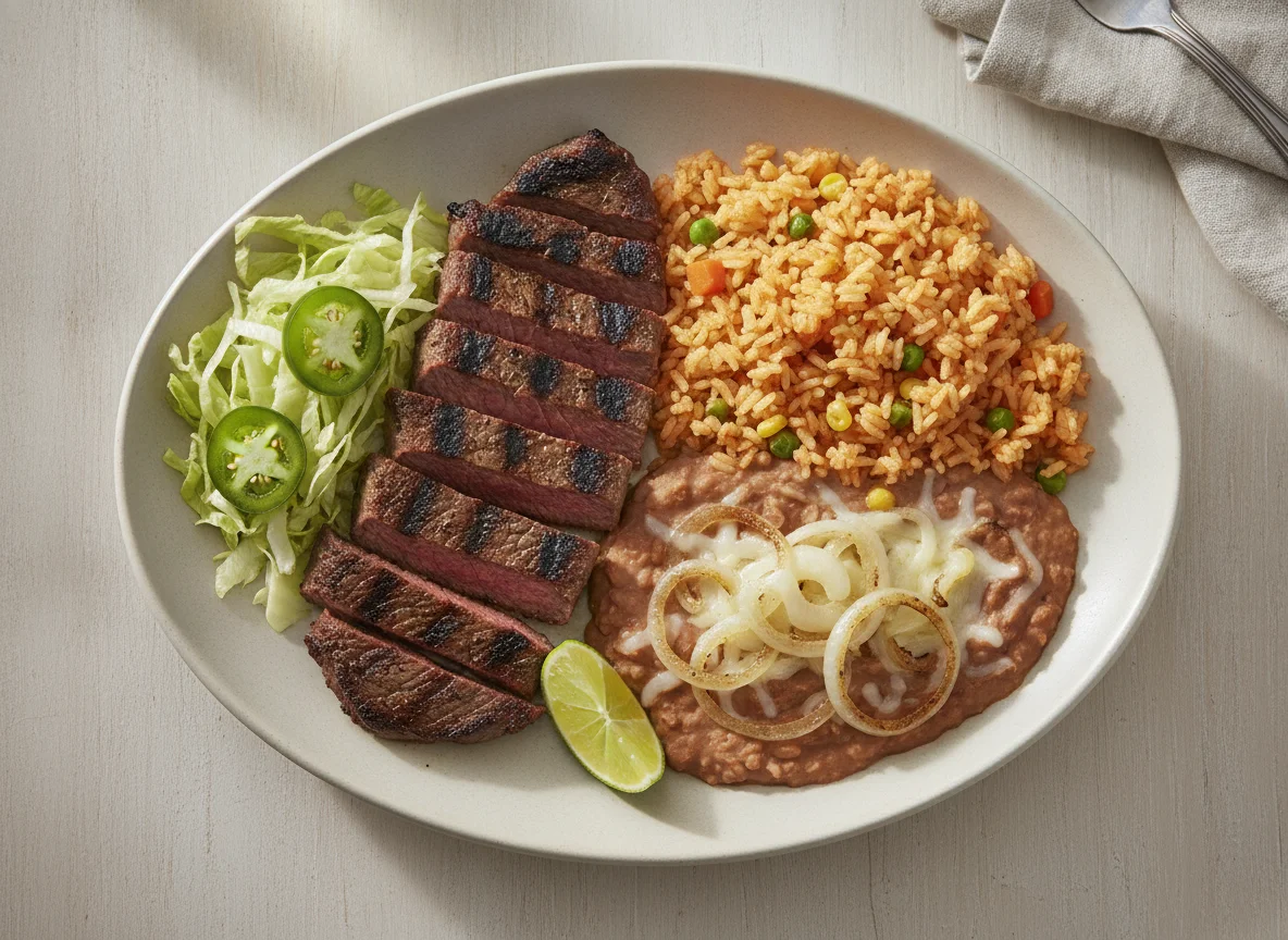 Steak with Mexican Rice and Refried Beans photo