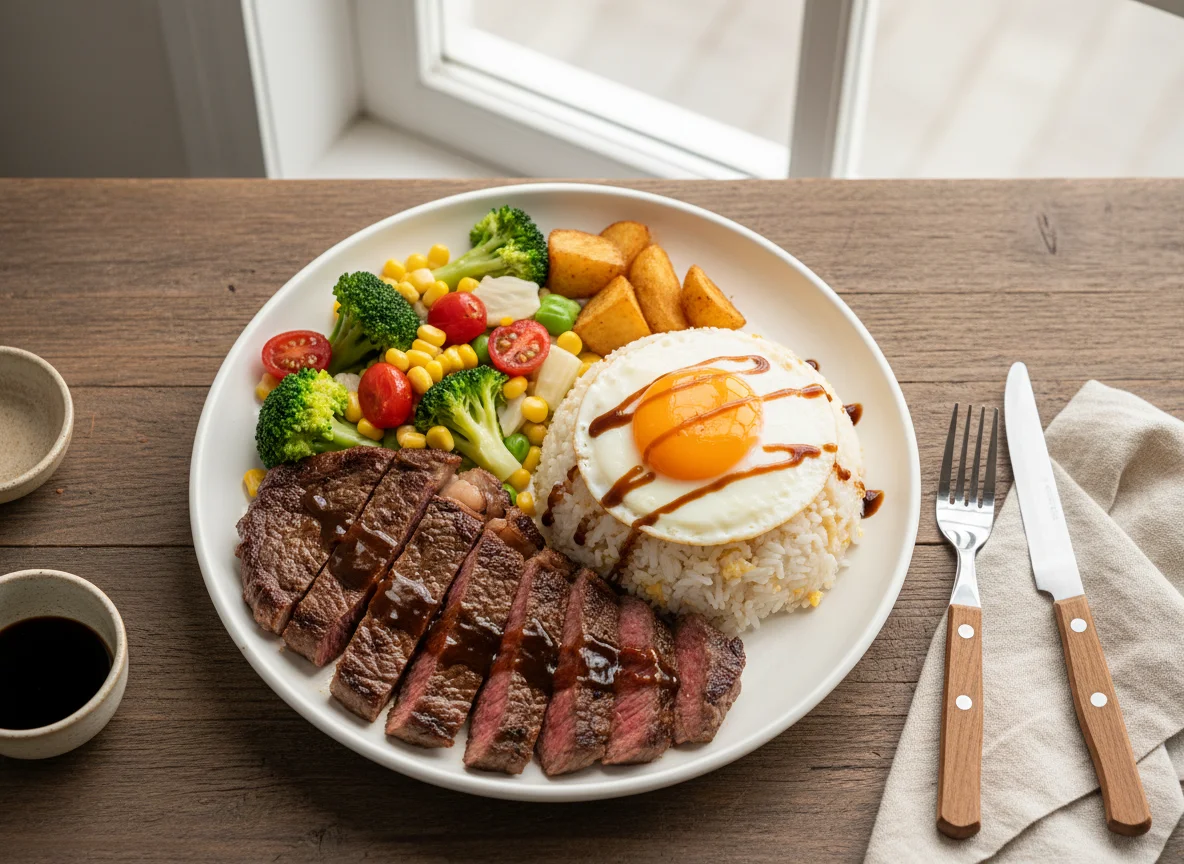 Steak with Mixed Vegetables and Fried Egg Rice photo
