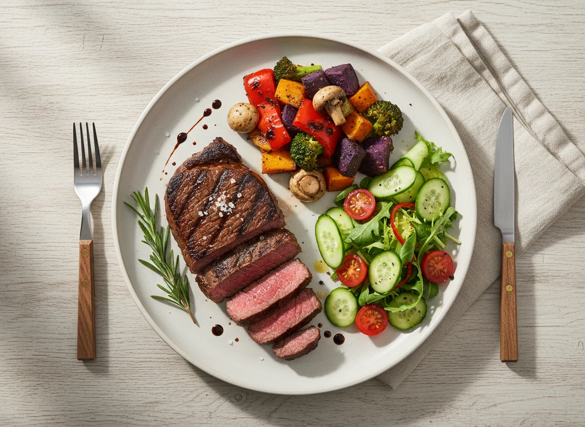 Steak with Mixed Vegetables and Salad photo