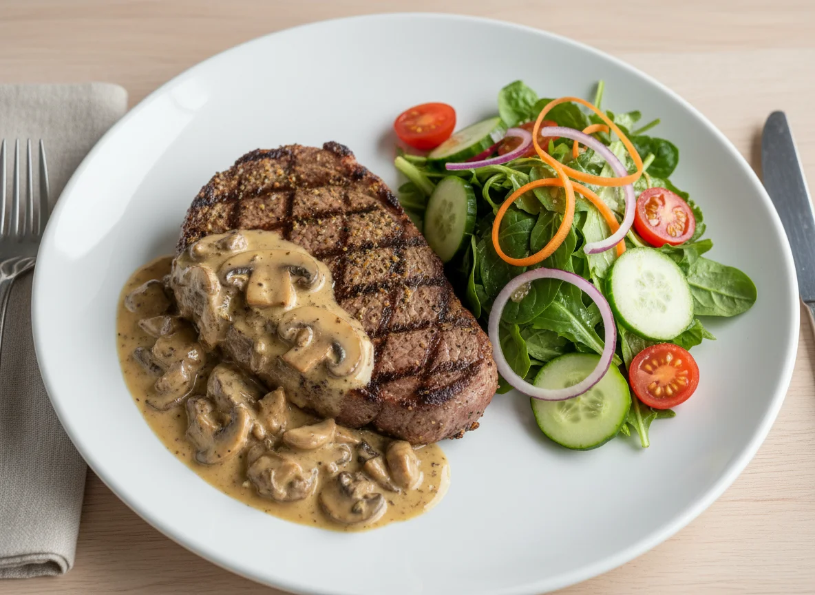 Steak with Mushroom Sauce and Garden Salad photo