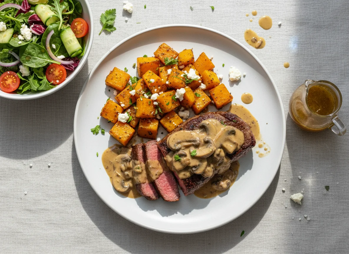 Steak with Mushroom Sauce, Roasted Butternut and Feta, and Side Salad photo
