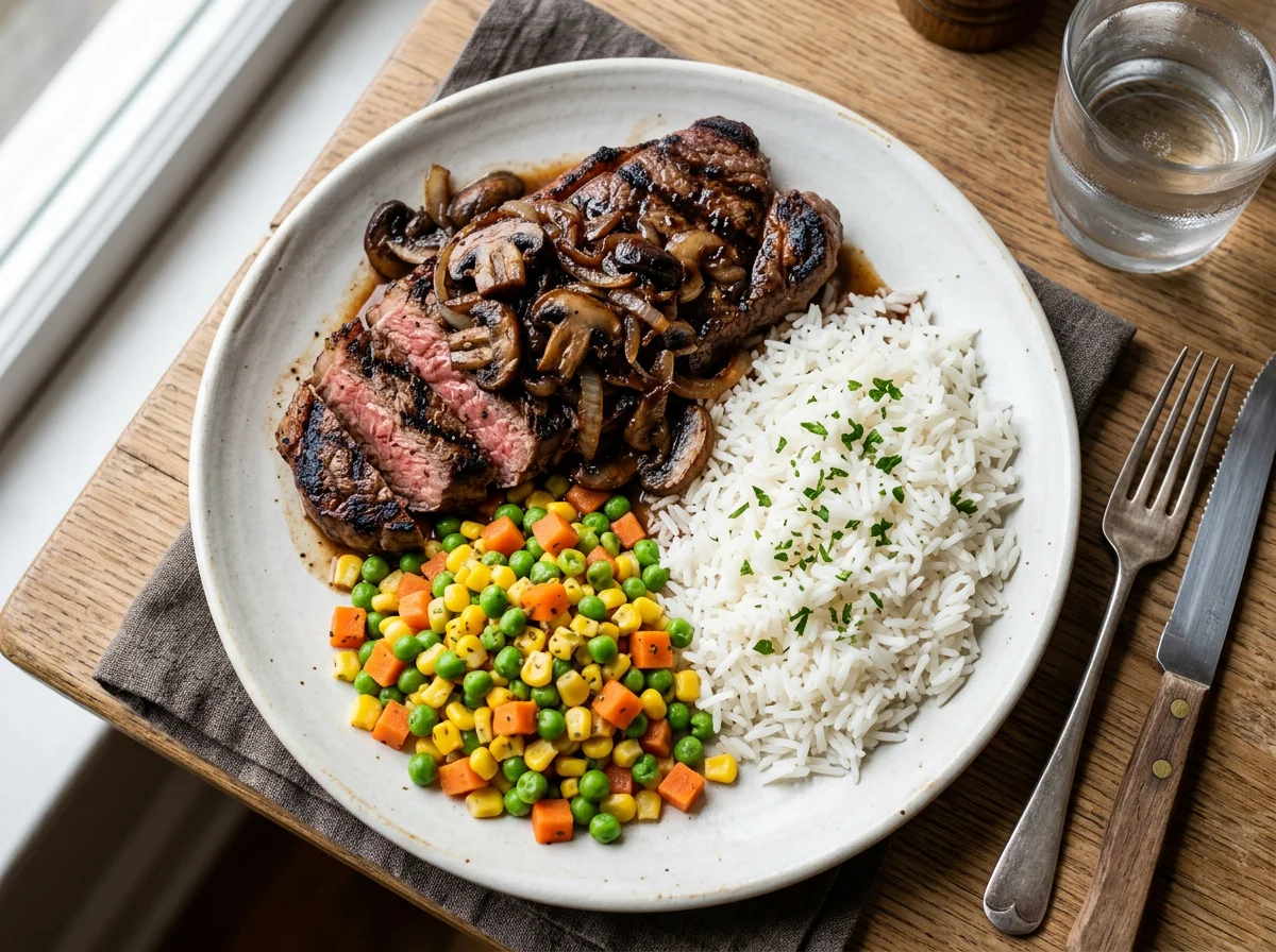 Steak with Mushrooms and Onions, Mixed Vegetables, and Rice photo