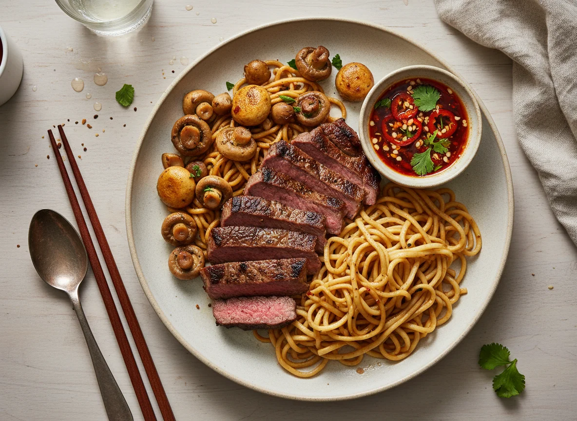 Steak with Noodles, Mushrooms and Chili Sauce photo