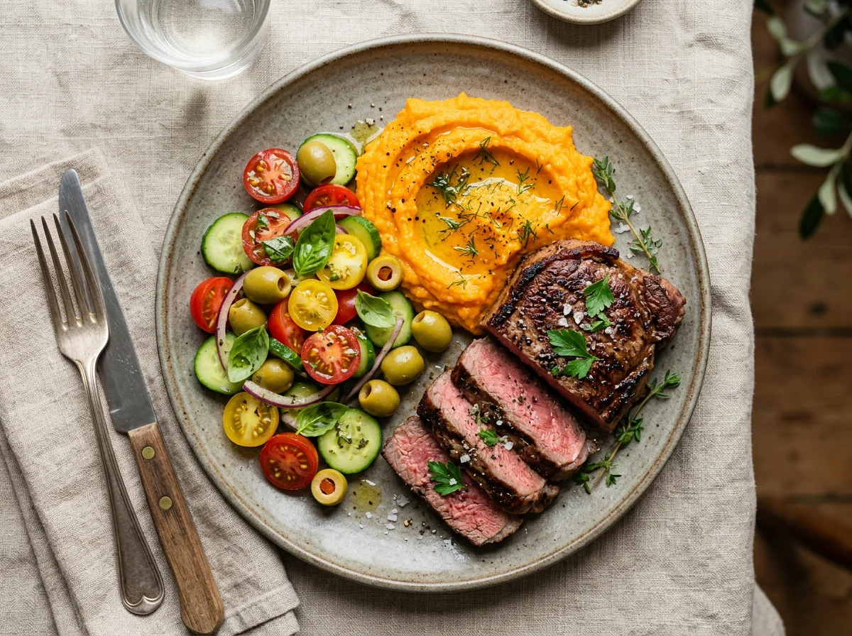 Steak with Olives, Cucumber, Tomatoes and Carrot Mash photo