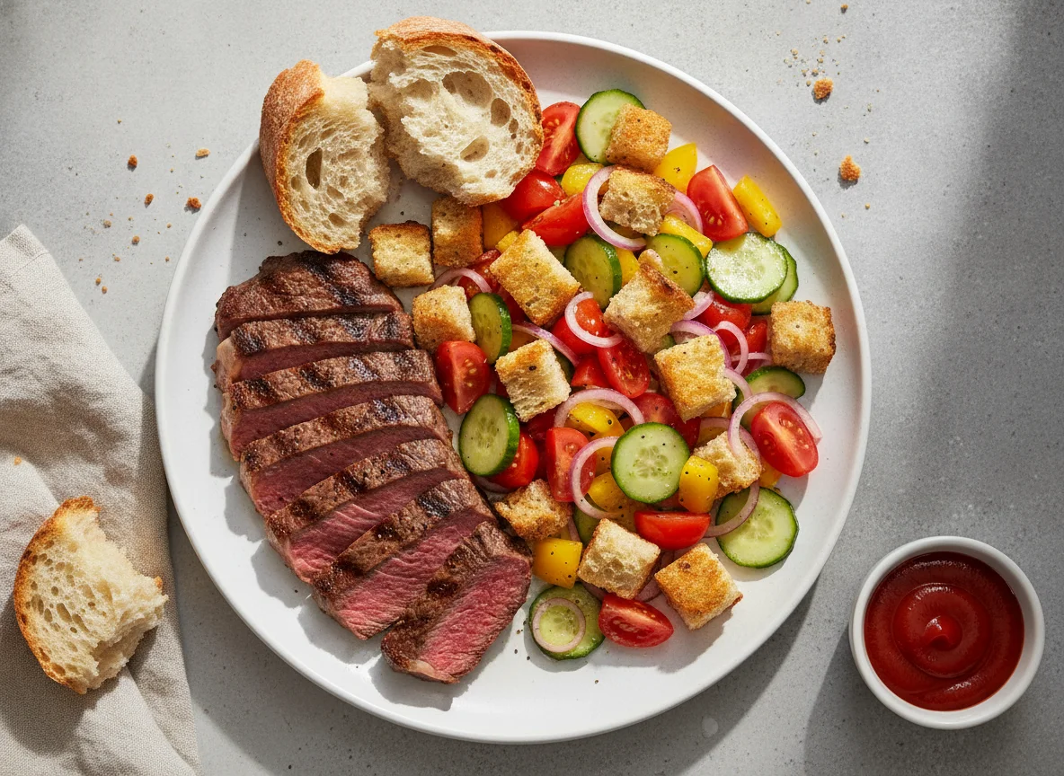 Steak with Panzanella Salad and Baguette photo