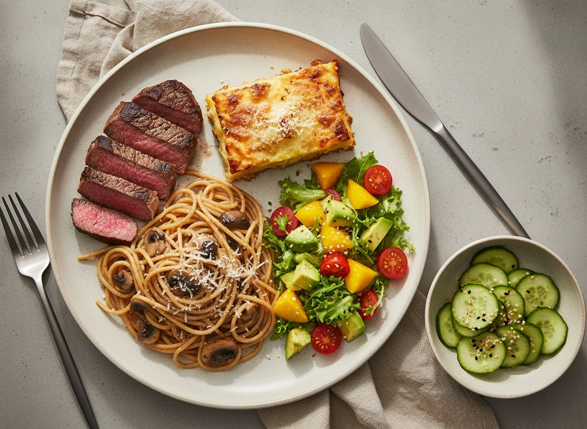 Steak with Pasta, Potato Gratin and Salad photo