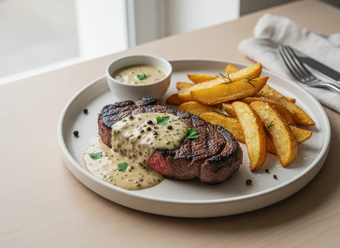 Steak with Peppercorn Sauce and Potato Wedges photo