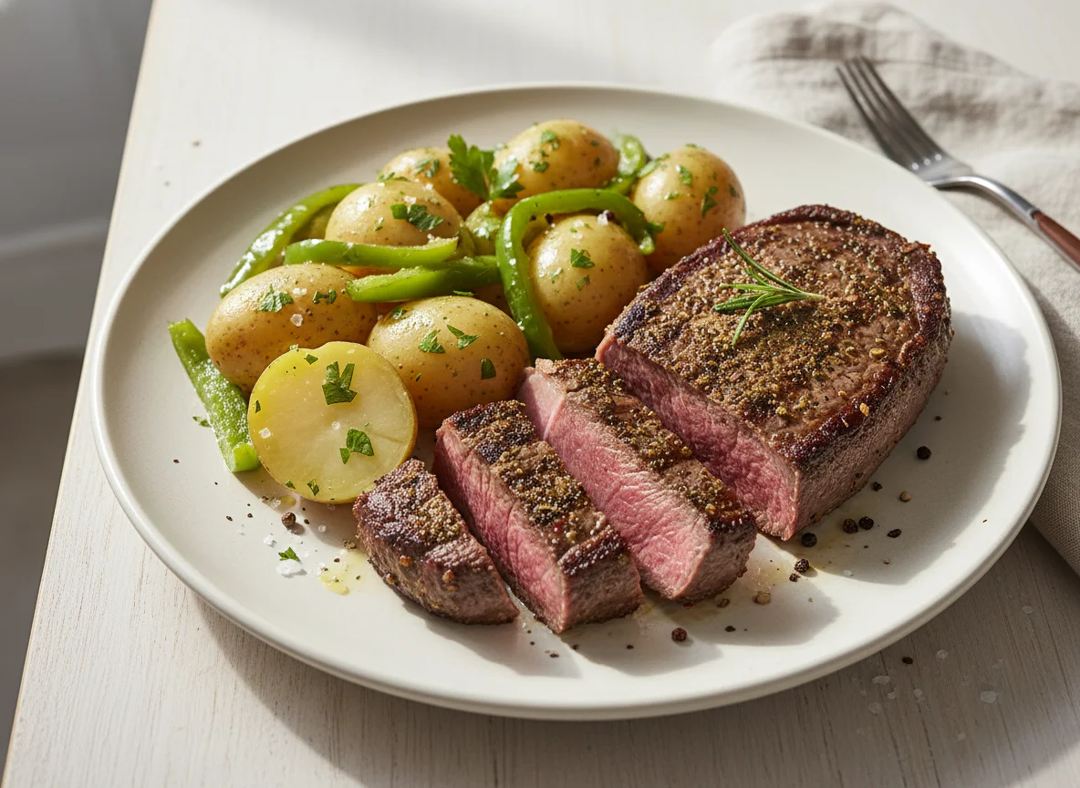 Steak with Potatoes and Green Peppers photo