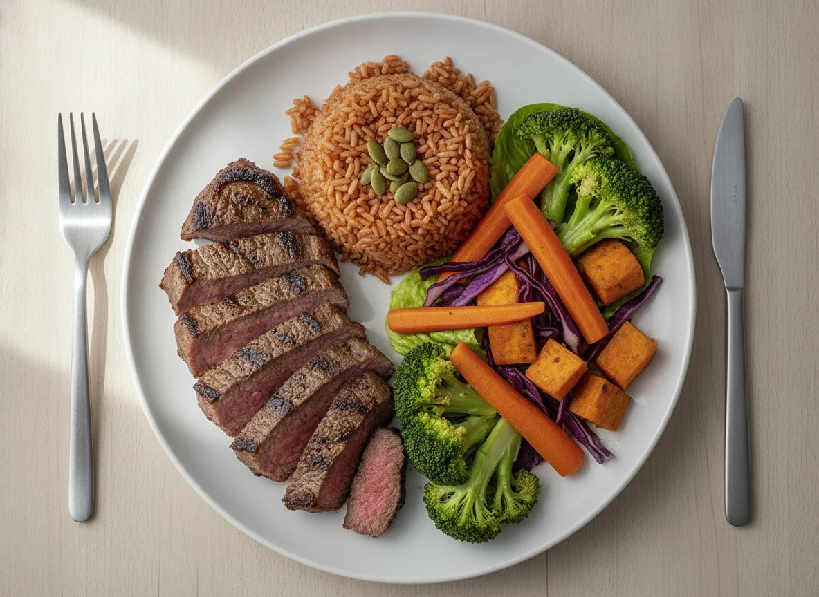 Steak with Red Rice and Mixed Vegetables photo