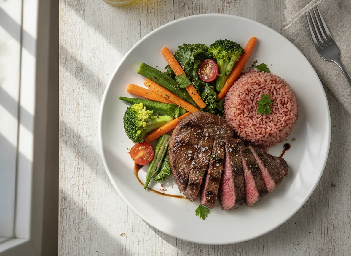 Steak with Red Rice and Steamed Vegetables photo