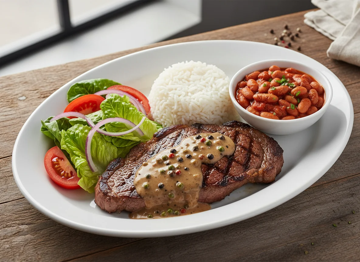 Steak with Rice, Beans and Salad photo