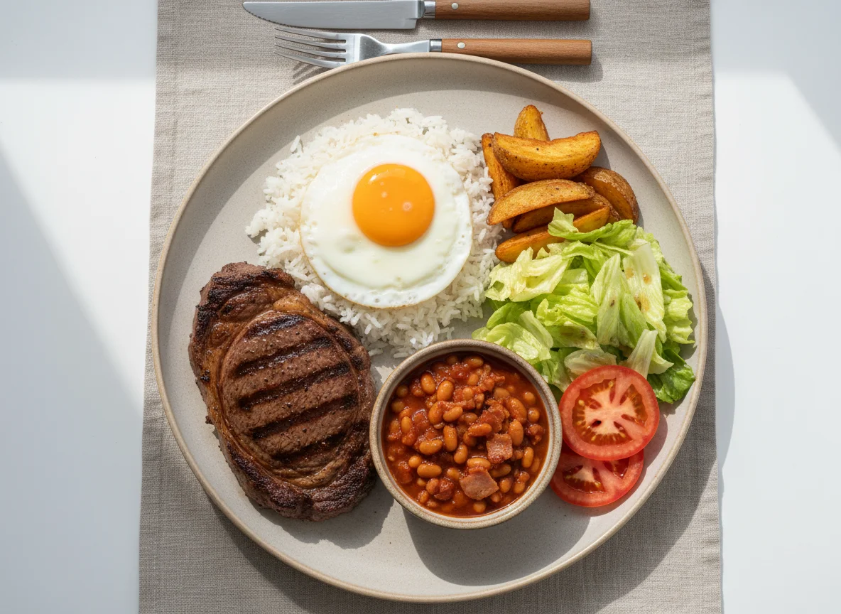 Steak with Rice, Beans, Egg and Salad photo