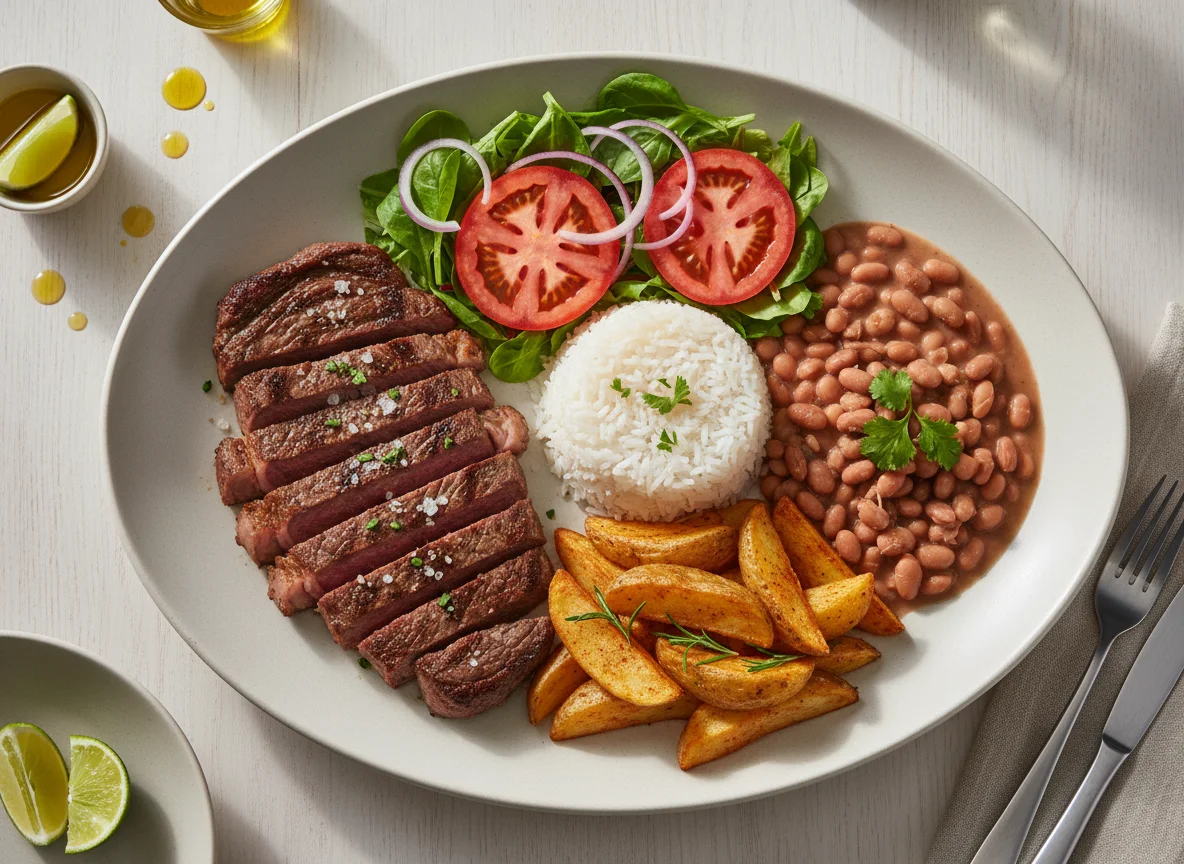 Steak with Rice, Beans, Salad, and Potato Wedges photo