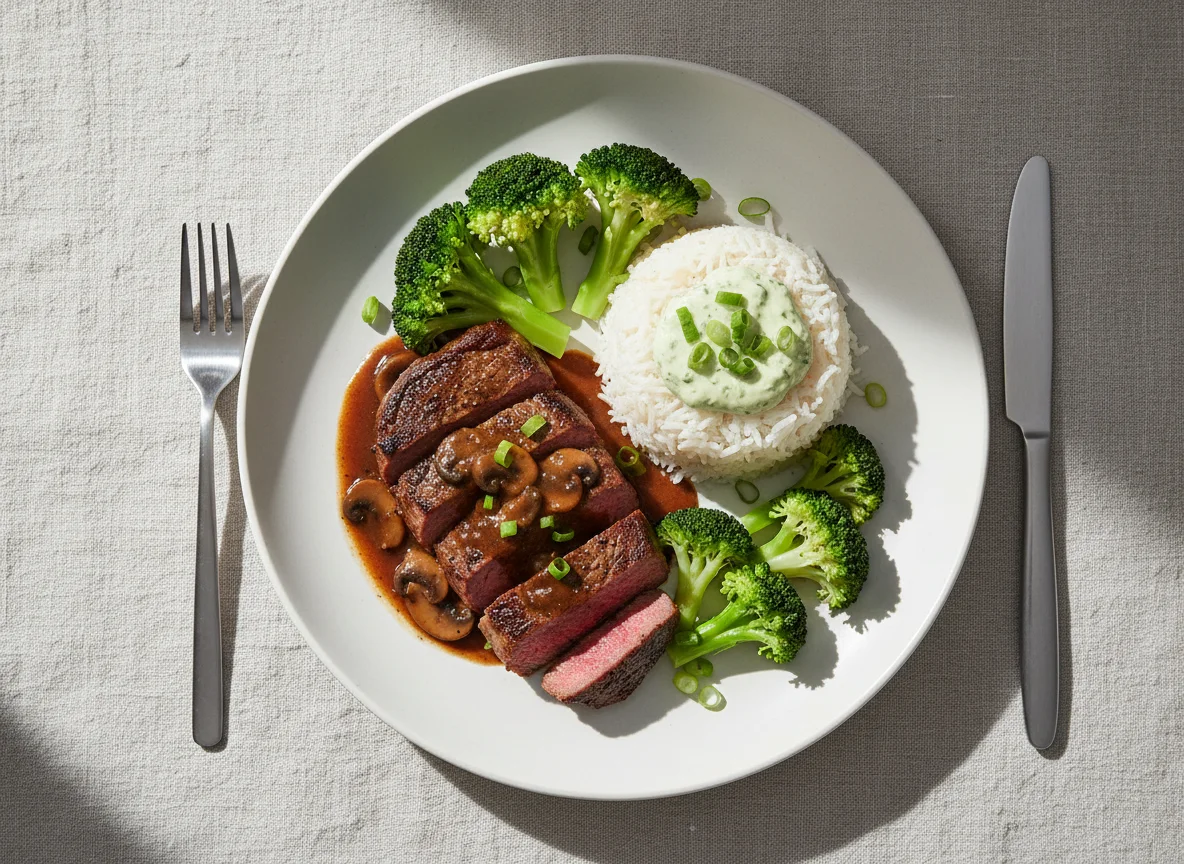 Steak with Rice, Broccoli and Creamy Sauce photo