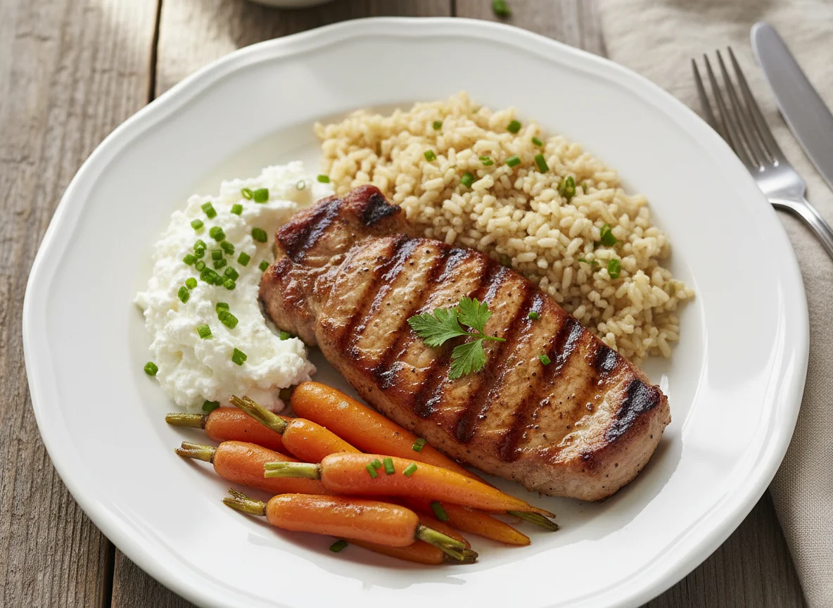 Steak with rice, cottage cheese and carrots photo