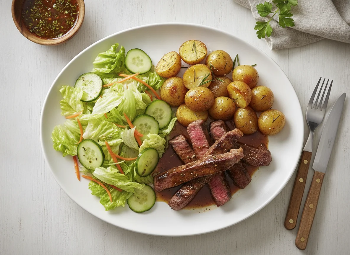 Steak with Roasted Potatoes and Garden Salad photo