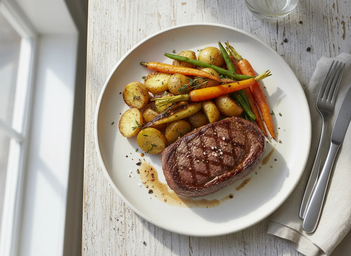 Steak with Roasted Potatoes and Green Beans photo