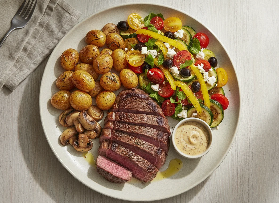 Steak with Roasted Potatoes and Mediterranean Salad photo