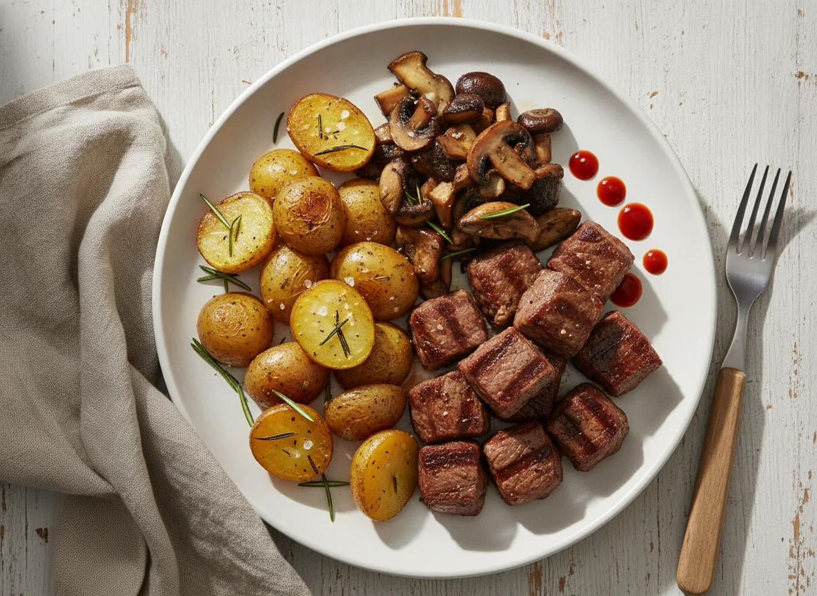 Steak with Roasted Potatoes and Mushrooms photo