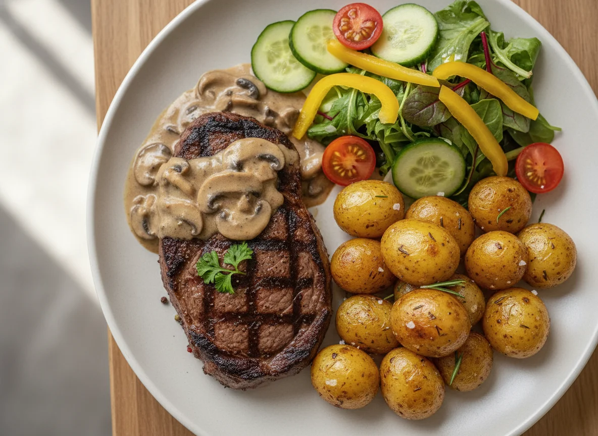 Steak with Roasted Potatoes and Salad photo