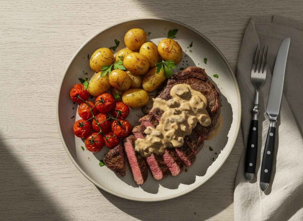 Steak with Roasted Potatoes and Tomatoes photo